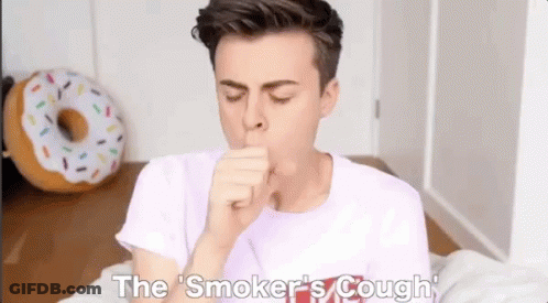 A Young Man Is Coughing With The Words The Smoker 'S Cough Behind Him . GIF
