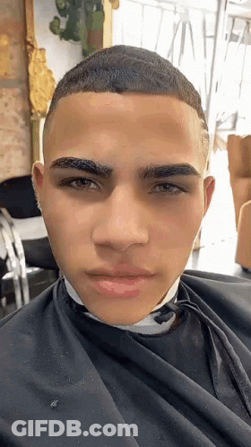 A Young Man Is Getting His Hair Cut By A Barber In A Salon . GIF