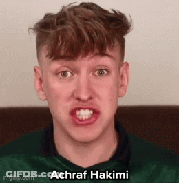 A Young Man Is Making A Funny Face And The Name Achraf Hakimi Is On The Bottom Of The Image . GIF