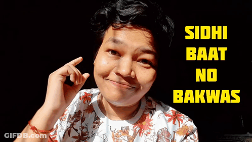 A Young Man Is Making A Funny Face In Front Of A Sign That Says Sidhi Baat No Bakwas GIF