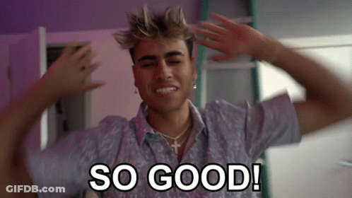 A Young Man Is Making A Funny Face With His Hands On His Head And The Words `` So Good '' Written Above Him . GIF