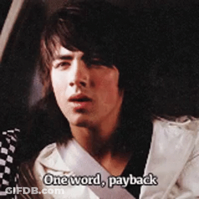 A Young Man Is Sitting In A Car And Says " One Word Payback " GIF