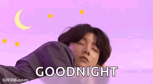 A Young Man Is Sleeping In Front Of A Purple Background With The Words `` Goodnight '' . GIF