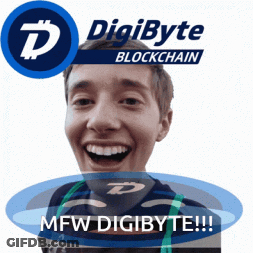 A Young Man Is Smiling In Front Of A Digibyte Blockchain Logo GIF