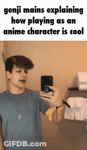 A Young Man Is Taking A Selfie In A Bathroom With A Caption That Says Genji Mains Explaining How Playing GIF