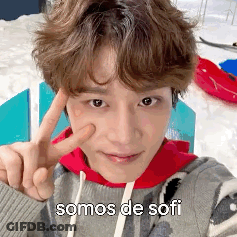 A Young Man Is Taking A Selfie In The Snow And Making A Peace Sign With His Finger . GIF
