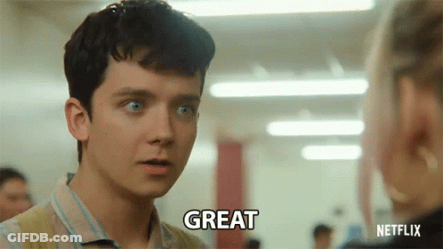 A Young Man Is Talking To A Woman And The Word Great Is On His Face GIF