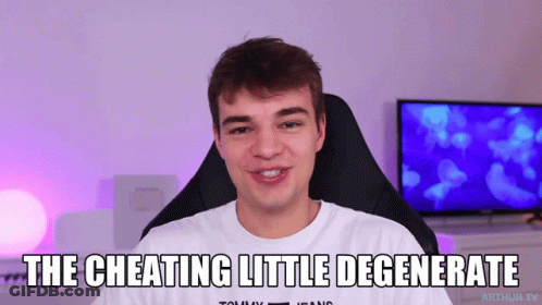 A Young Man Sits In A Chair With The Caption " The Cheating Little Degenerate " Above Him GIF
