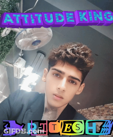 A Young Man Stands In Front Of A Purple Sign That Says " Attitude King " GIF