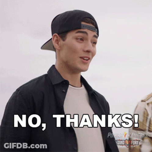 A Young Man Wearing A Baseball Cap And A Black Shirt Says No Thanks . GIF