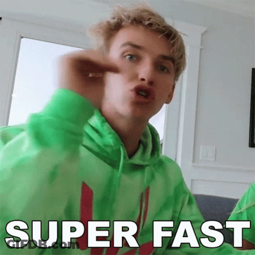 A Young Man Wearing A Green Hoodie Is Making A Funny Face And Saying `` Super Fast '' . GIF