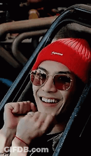 A Young Man Wearing A Red Beanie And Sunglasses Is Sitting In A Car . GIF