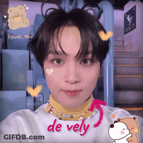 A Young Man Wearing A Sweater With The Word De Vely Written On It GIF