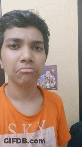 A Young Man Wearing An Orange Shirt That Says Sky GIF