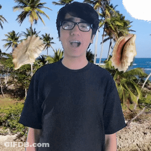 A Young Man Wearing Glasses And A Black Shirt Is Standing In Front Of Palm Trees And The Ocean GIF