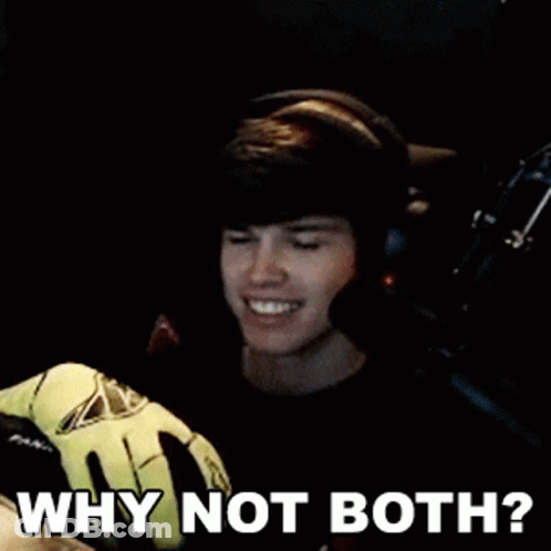 A Young Man Wearing Headphones And Gloves Is Smiling And Asking Why Not Both ? GIF