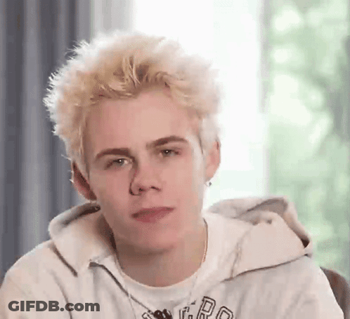A Young Man With Blonde Hair And Green Eyes Is Wearing A Hoodie And A White Shirt . GIF