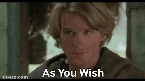 A Young Man With Blonde Hair Is Looking At The Camera With The Words `` As You Wish '' Written Below Him . GIF