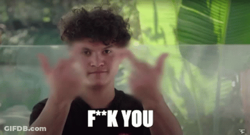 A Young Man With Curly Hair Is Giving The Middle Finger And The Words F * K You Are Behind Him . GIF