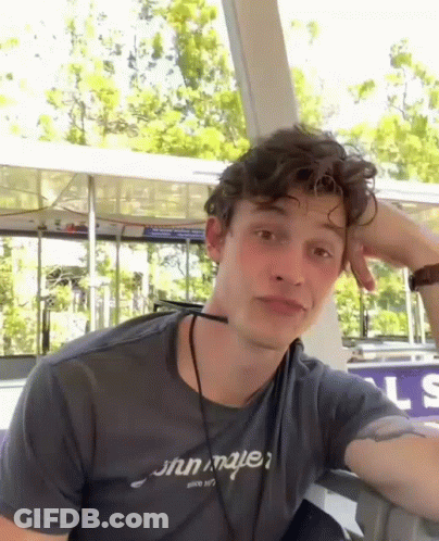 A Young Man With Curly Hair Is Wearing A Gray T-Shirt That Says ' Shawn Mendes ' On It GIF