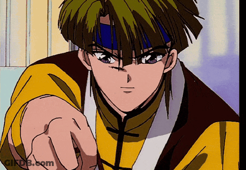 A Young Man With Green Hair And A Blue Headband Points At The Camera GIF
