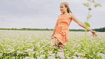 A Young Woman In An Orange Dress Is Running Through A Field Of White Flowers . GIF