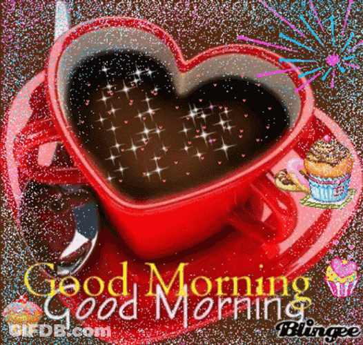 Adorable Good Morning Heart Black Coffee Cup GIF