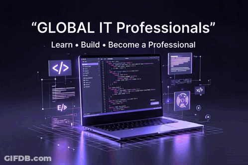 Advertisement For Global IT Professionals With Laptop GIF