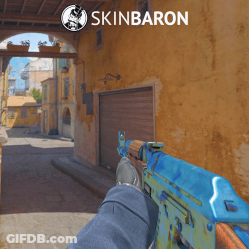 Advertisement For Skinbaron Showing Old Building GIF