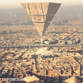 Aerial City With Pyramid In Sky GIF
