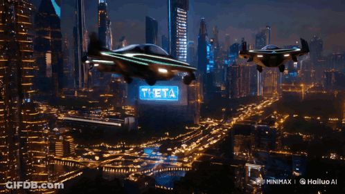 Aerial View Futuristic City Theta Sign GIF