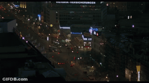 Aerial View Of City At Night With Victoria-Versicherungen On Building GIF