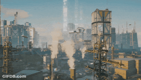 Aerial View Of City With Smoke From Chimneys GIF