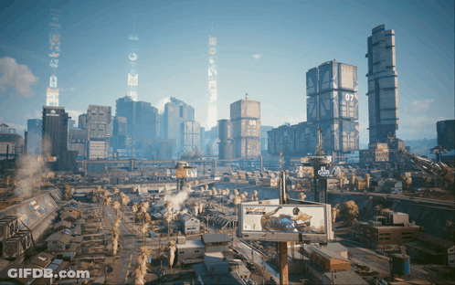 Aerial View Of Futuristic City With Coca-Cola Billboard GIF