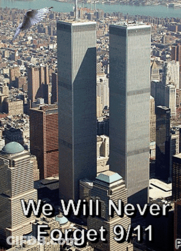 Aerial View Of Twin Towers We Will Never Forget 9/11 GIF