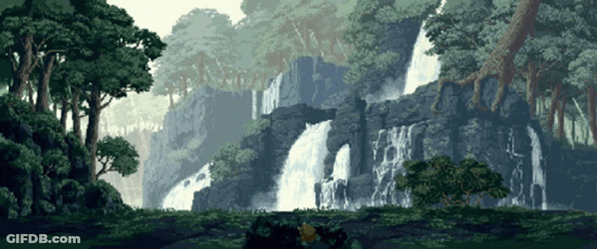 Aesthetic Background Pixel Forest With Waterfalls GIF