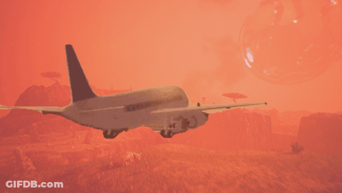 Airplane Flying Over Desert With Red Sky GIF
