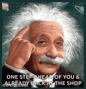 Albert Einstein With Mustache Pointing At Head GIF