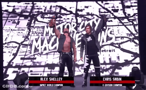 Alex Shelley And Chris Sabin Are Standing In Front Of A Map GIF