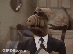 Alf From The Simpsons Is Wearing A Suit And Tie And Holding A Book In His Hand . GIF