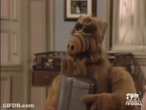 Alf From The Sitcom Sits In A Chair Holding A Briefcase GIF