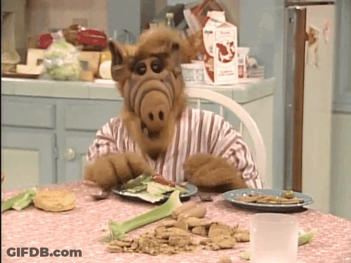 Alf From The Tv Show Sits At A Table Eating A Plate Of Food GIF