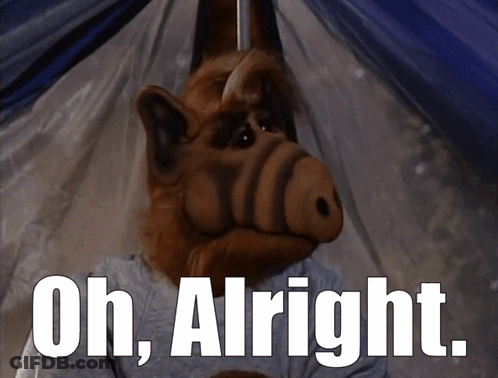 ALF Sitting In Tent Saying Oh Alright GIF