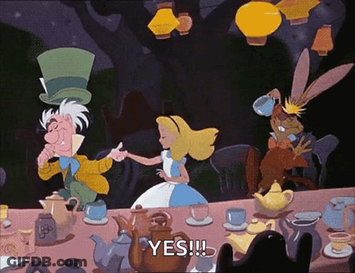 Alice And Mad Hatter Having Tea Party GIF