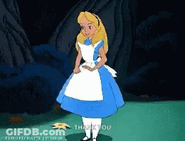 Alice From Alice In Wonderland Is Standing In A Field And Says " Thank You " GIF