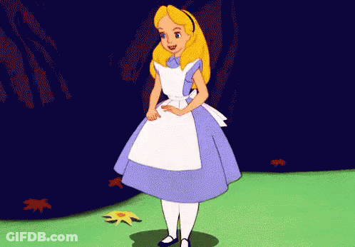 Alice From Alice In Wonderland Is Standing In A Field With Leaves On The Ground . GIF