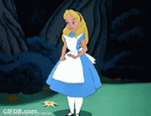 Alice From Alice In Wonderland Is Wearing A Blue Dress GIF