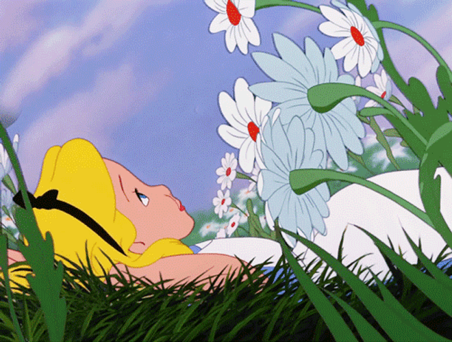 Alice Wonderland Lying In The Garden Of Flowers GIF
