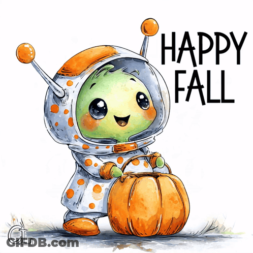 Alien Holding Pumpkin Saying Happy Fall GIF