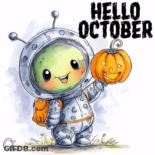 Alien Holding Pumpkin Saying Hello October GIF